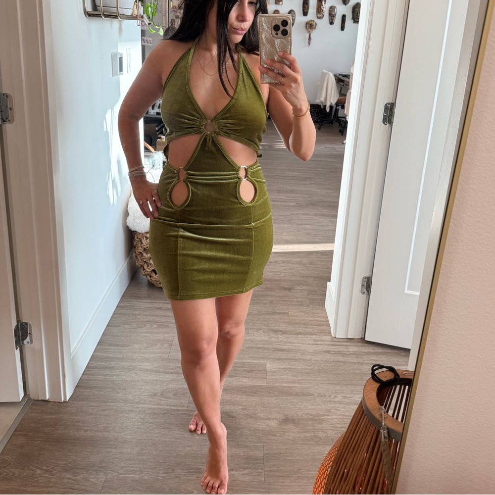 New SHEIN Velvet Olive Green Halter Dress with Cutout Detail, Size Medium